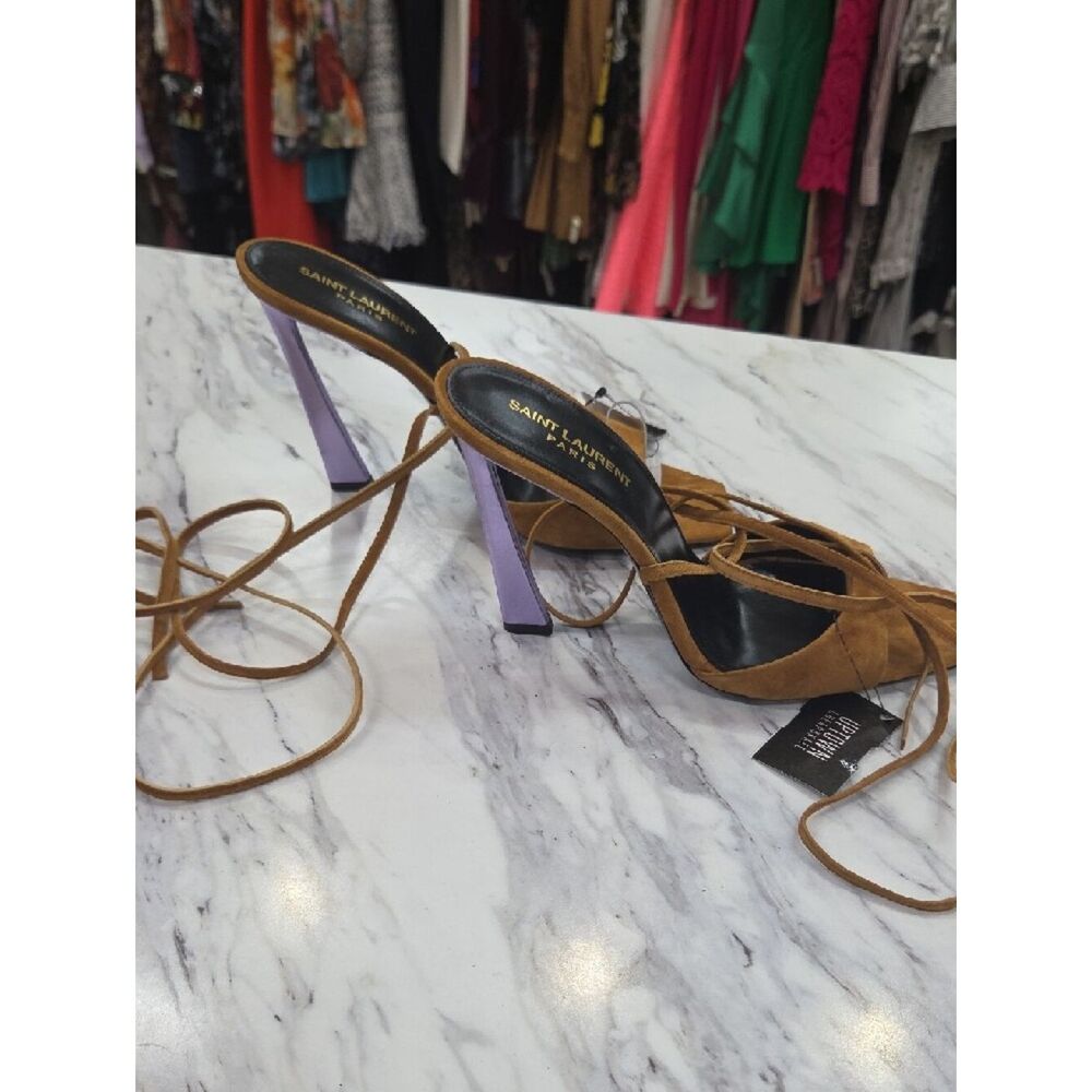 Saint Laurent Tan Suede Lace-Up Sandal with Lilac Block Heel - Picture 3 of 9